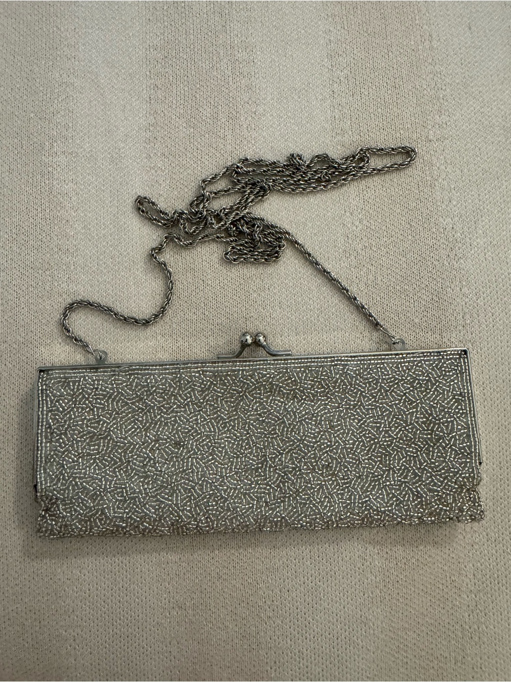 Silver Beaded Evening Clutch with Chain Strap